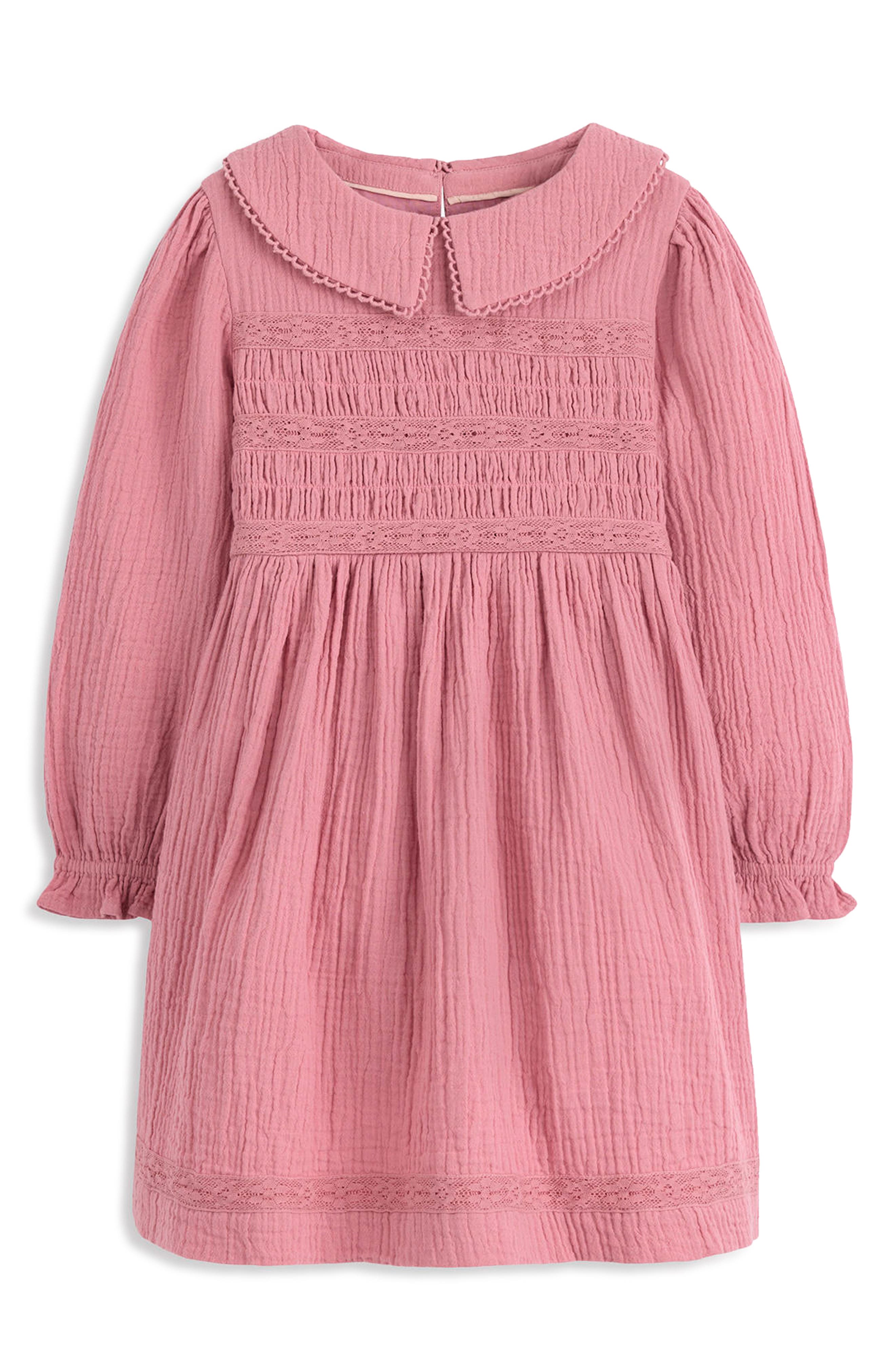 Mini Boden Kids' Smocked Long Sleeve Cotton Gauze Dress