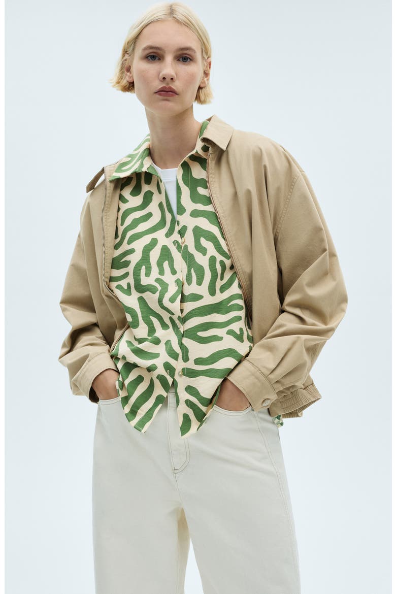 Abstract Print Cap Sleeve Button-Up Shirt, Alternate, color, GREEN