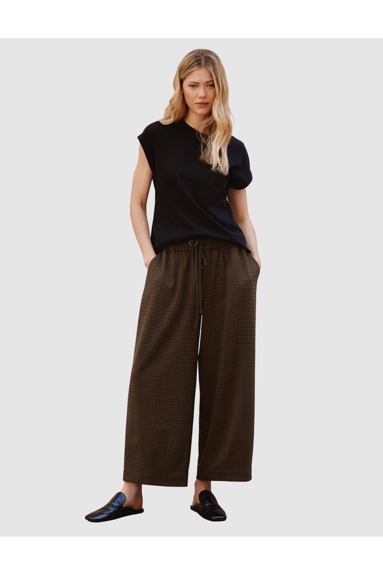 Gingham Drawstring Wide Leg Culotte, Alternate, color, Chocolate