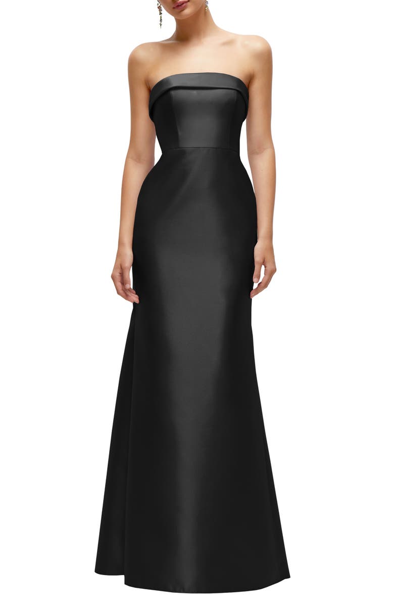 Alfred Sung Strapless Satin Trumpet Gown, Main, color, Black