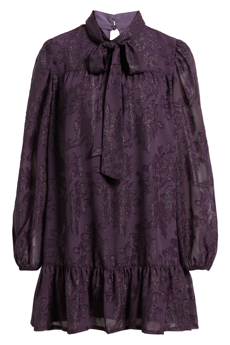 Metallic Floral Jacquard Long Sleeve Shift Minidress, Alternate, color, PURPLE BRAMBLE