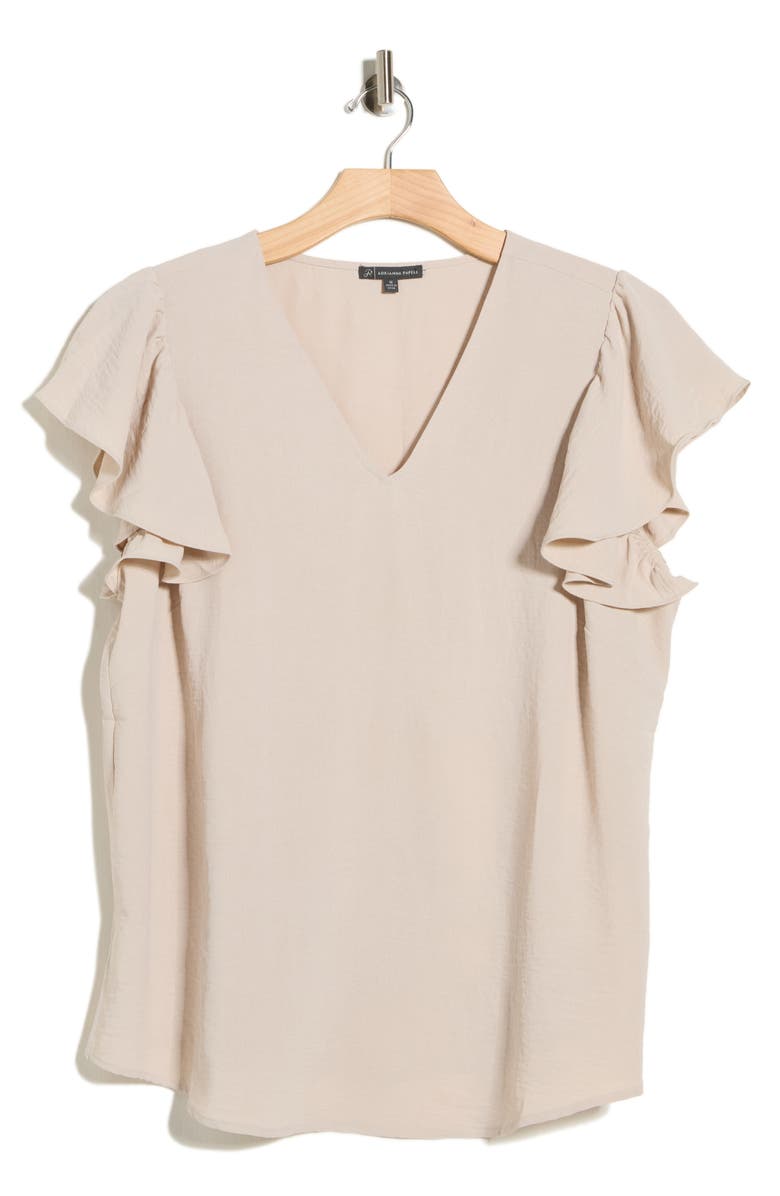 Adrianna Papell Flutter Sleeve V-Neck Blouse, Main, color, Pebble