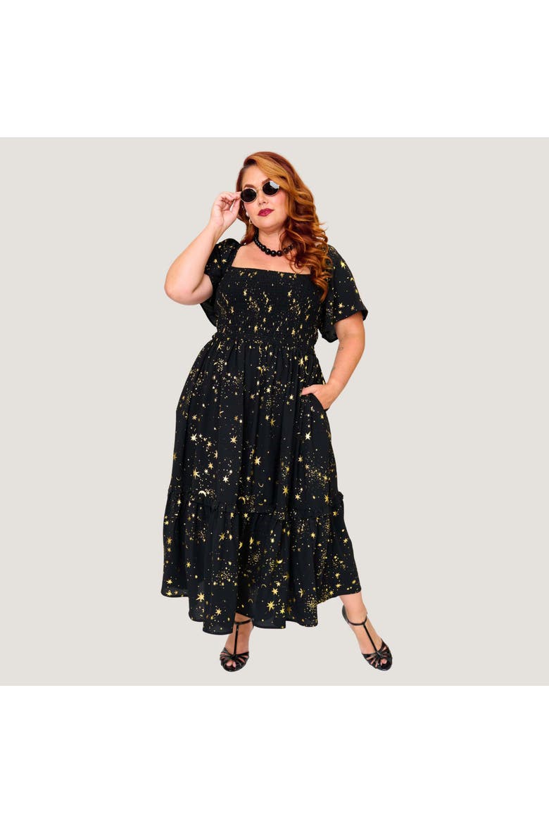 Plus Size Smocked Bodice Midi Dress, Main, color, Black w/ Gold Stars