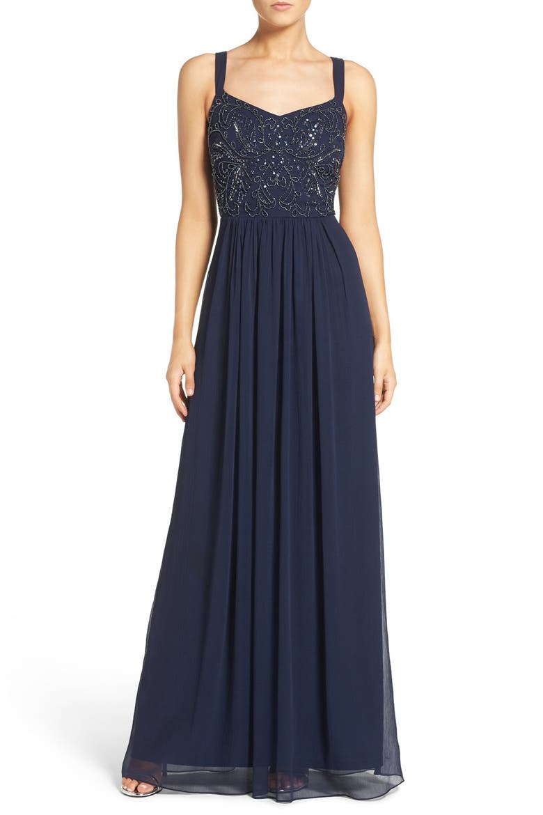 Embellished Bodice Chiffon Gown, Main, color, NAVY