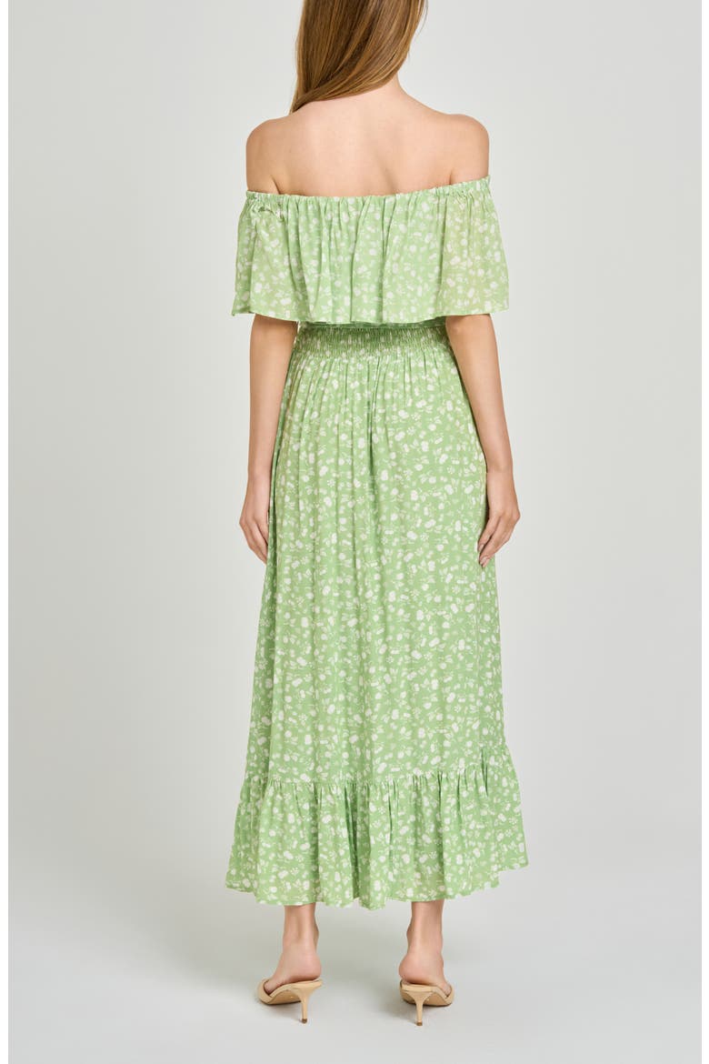 Indie Ditsy Floral Off the Shoulder Tiered Midi Dress, Alternate, color, PISTACHIO ALLOVER FLORAL