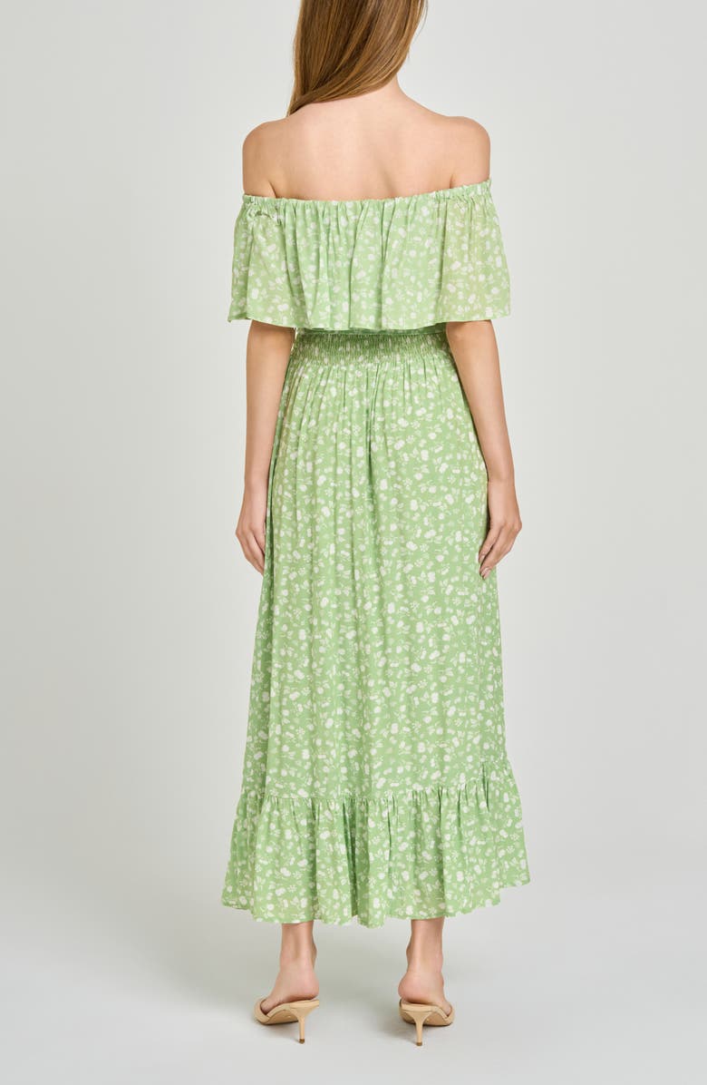 WAYF Indie Ditsy Floral Off the Shoulder Tiered Midi Dress, Alternate, color, Pistachio Allover Floral