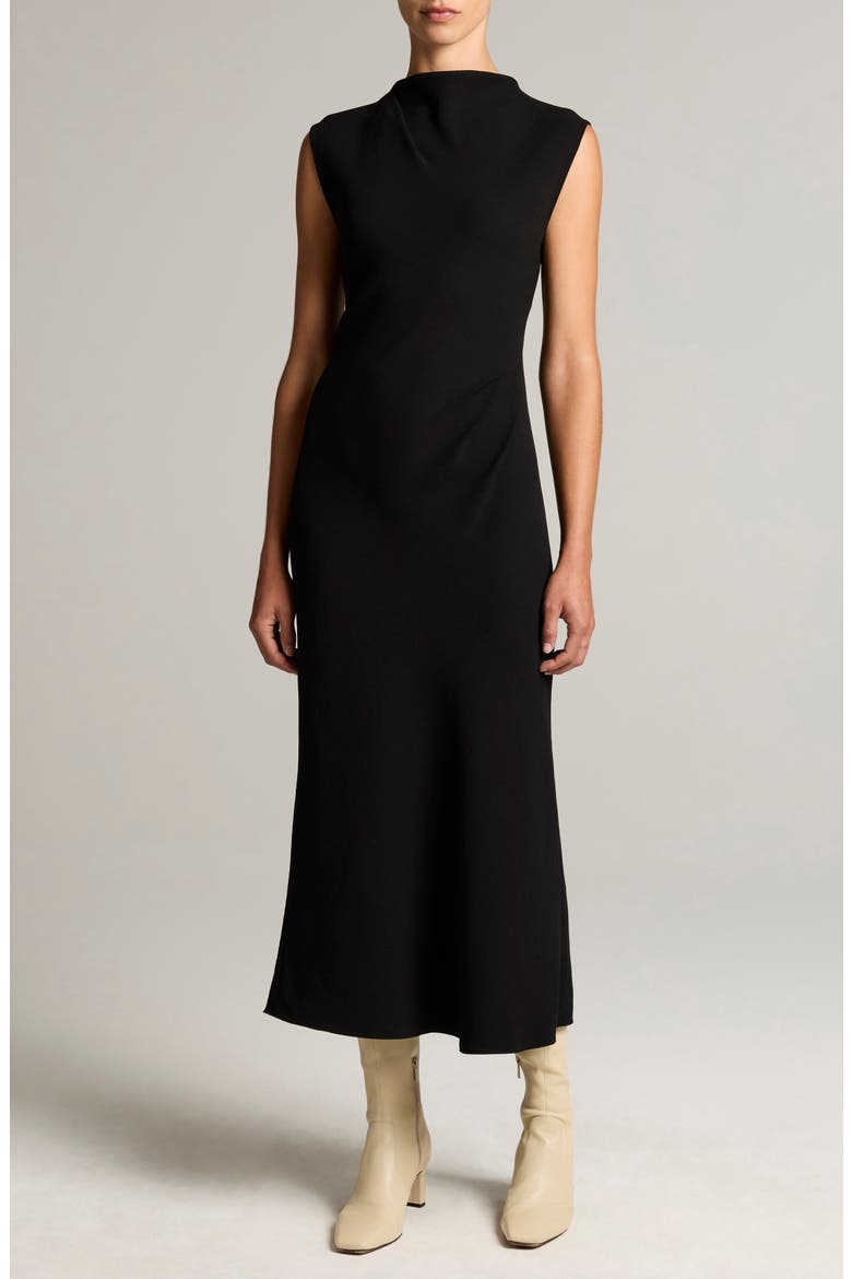 Draped Funnel Neck Dress, Main, color, BLACK