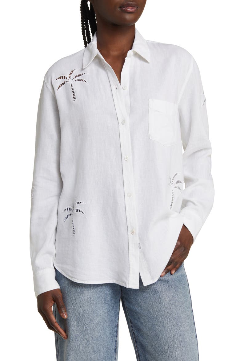 Charli Palm Eyelet Linen Blend Button-Up Shirt, Main, color, WHITE PALM TREE EYELET