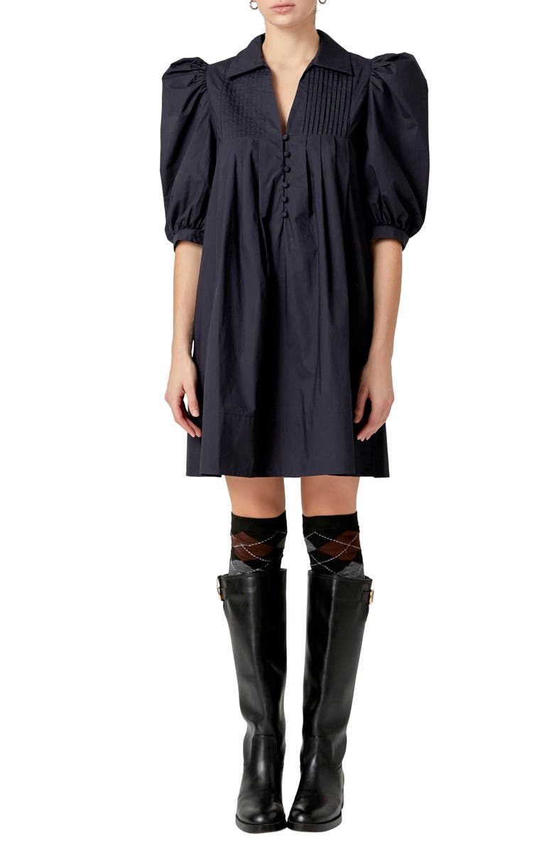 English Factory Pintuck Collar Puff Shoulder Minidress, Main, color, Navy