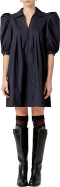 English Factory Pintuck Collar Puff Shoulder Minidress