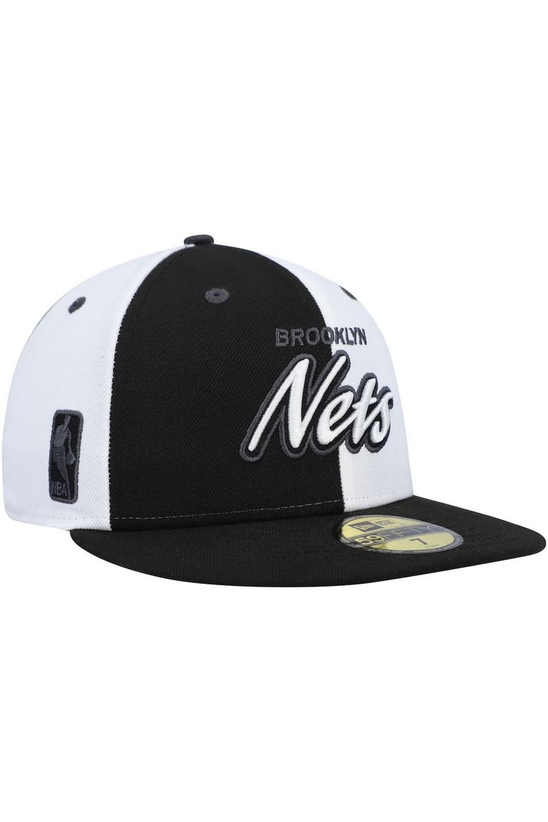 Men's New Era Black/White Brooklyn Nets Script Pinwheel 59FIFTY Fitted Hat, Alternate, color, Black