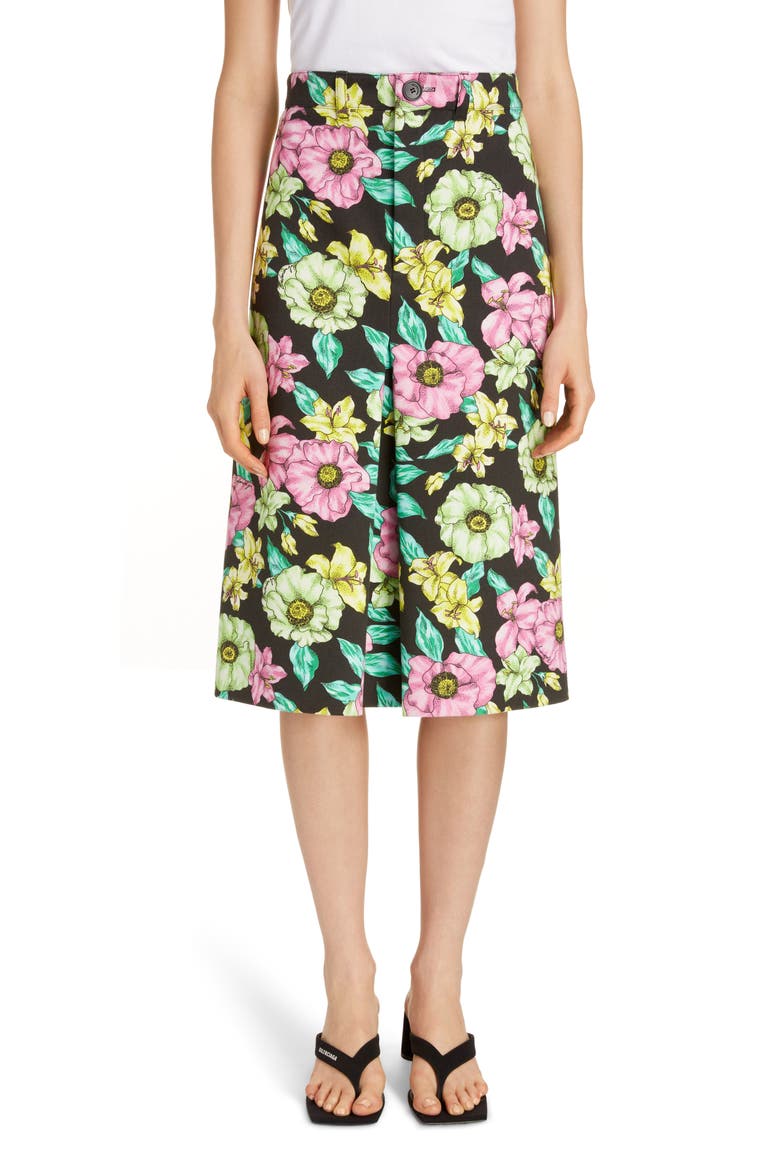 Floral Print Cotton A-Line Skirt, Main, color, BLACK/ GREEN
