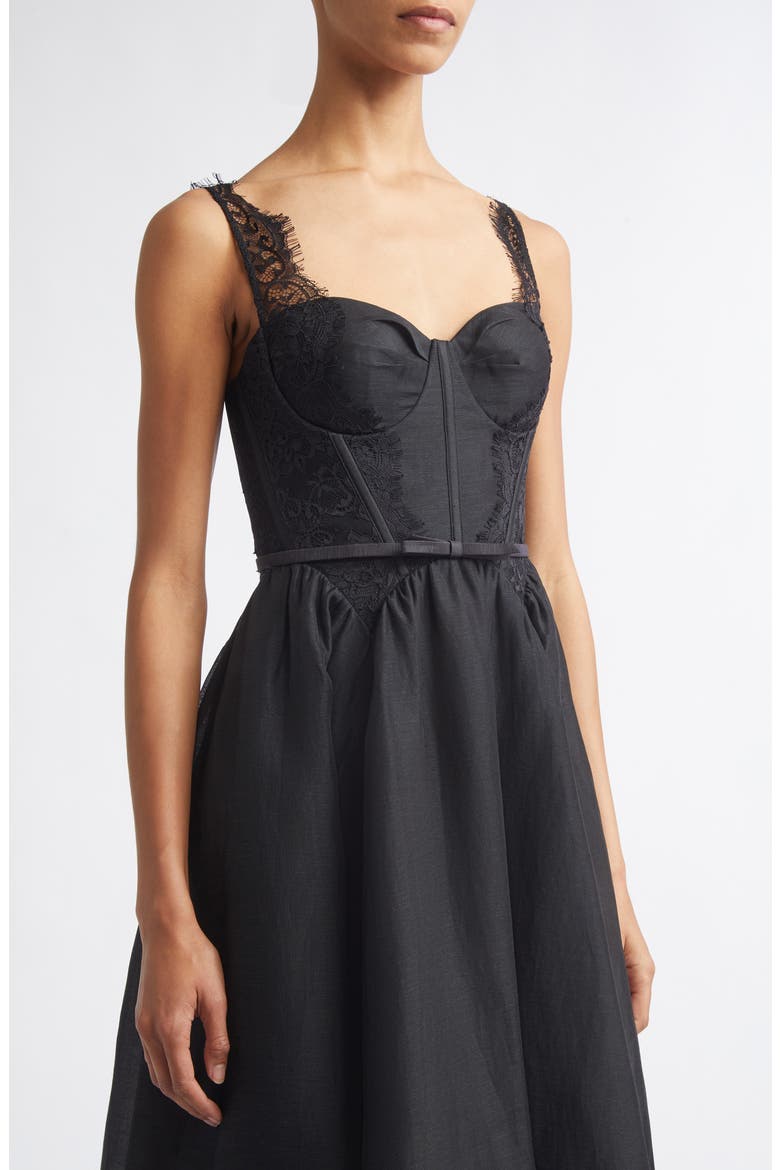 Valiant Lace Trim Corset Midi Dress, Alternate, color, BLACK