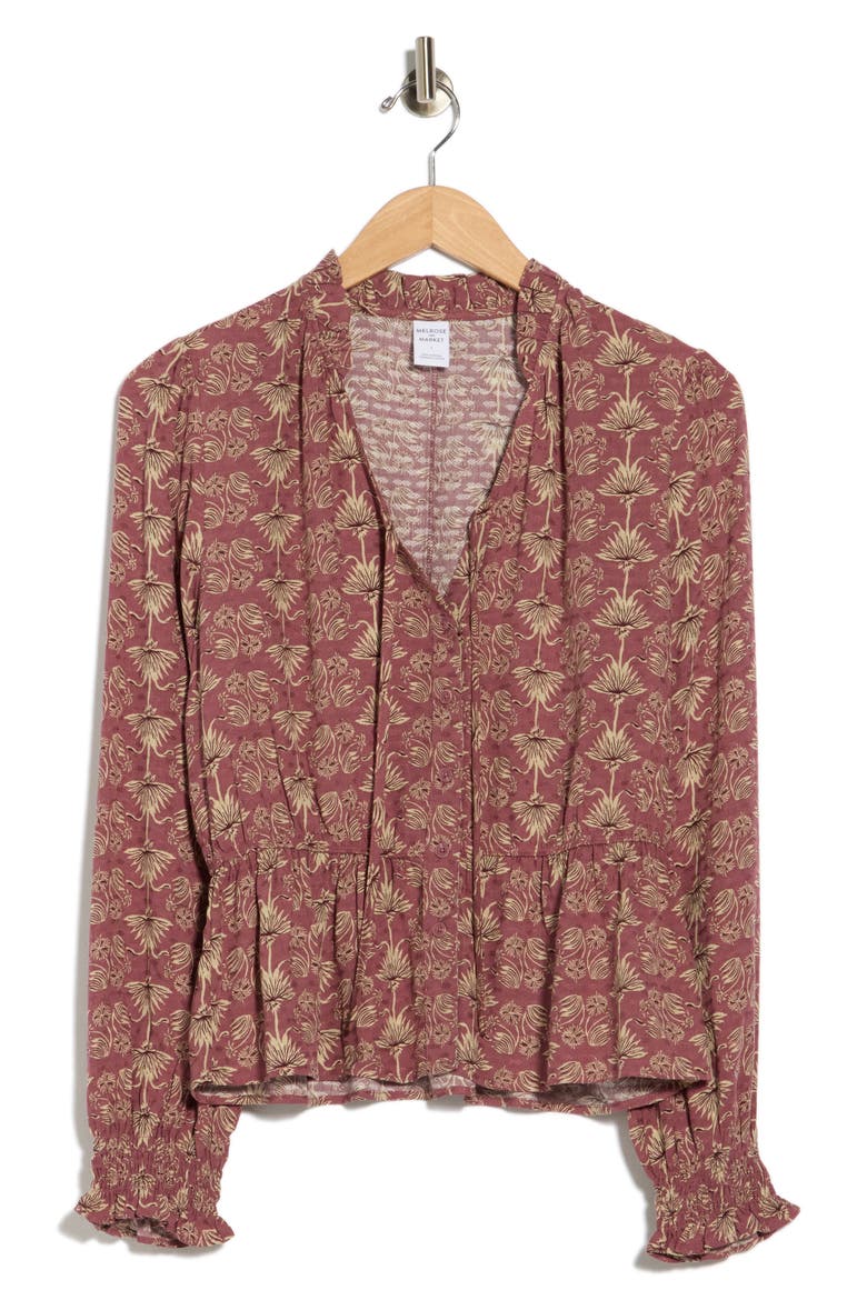 Long Sleeve Peplum Top, Alternate, color, BURGUNDY - TAN PALM GEO