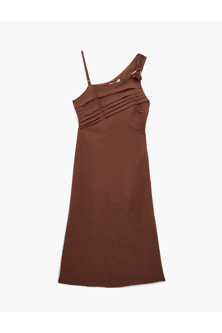 Linen Blend Asymmetric Pleated One-Shoulder Midi Dress, Alternate, color, BROWN