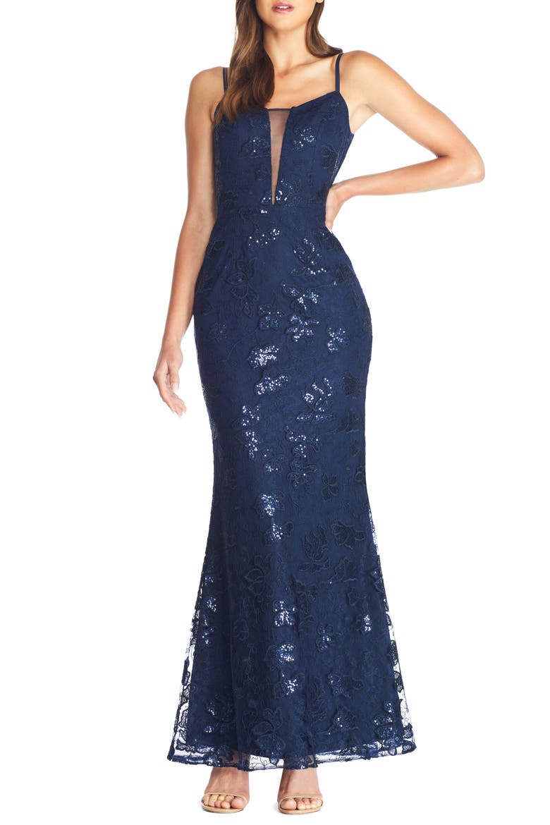 Mara Lace & Sequin Evening Gown, Main, color, NAVY