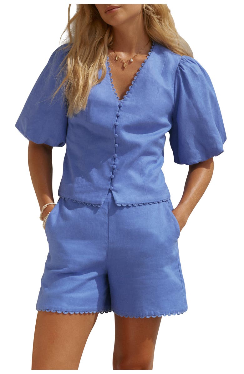 MINT VELVET Linen Puff Sleeve Top, Main, color, Blue