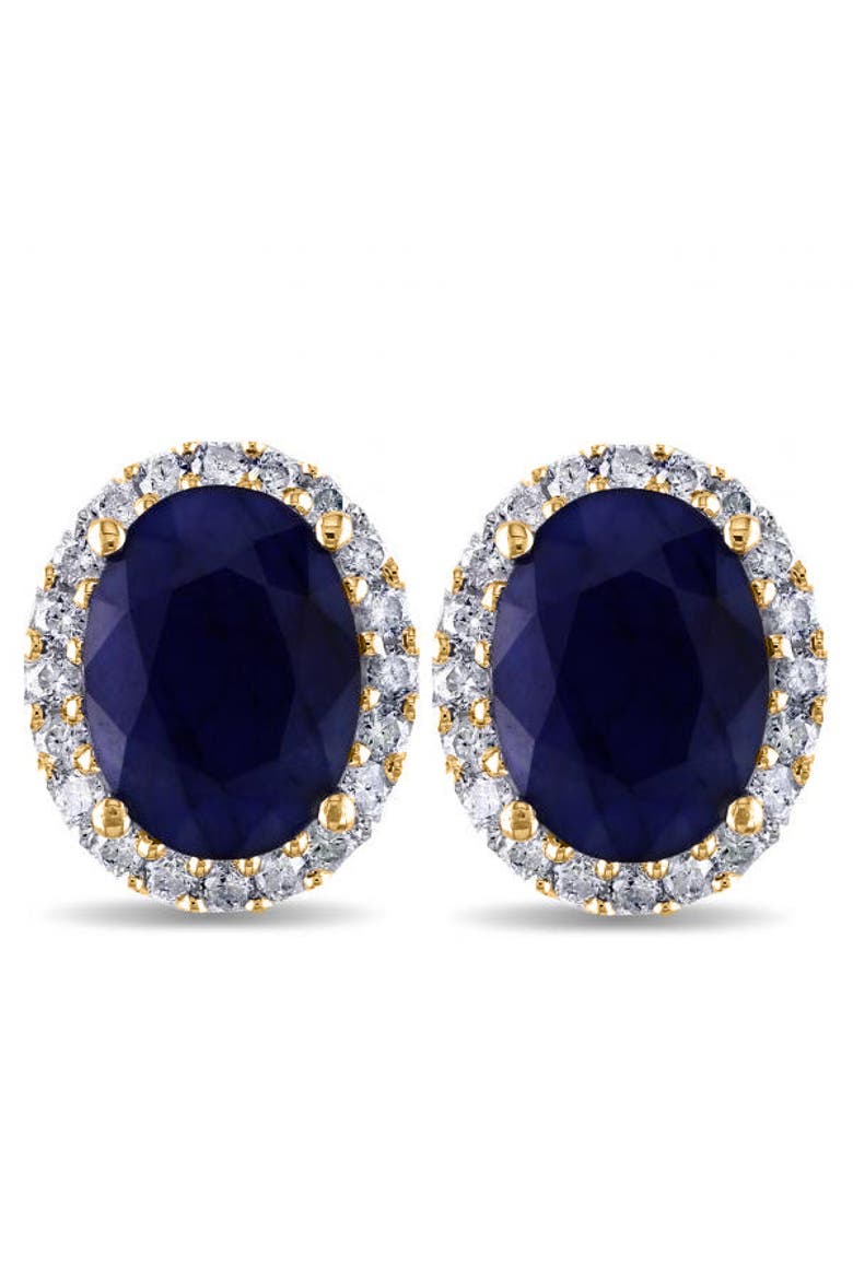 Oval Blue Sapphire & Halo Diamond Stud Earrings 14k, Alternate, color, Yellow Gold