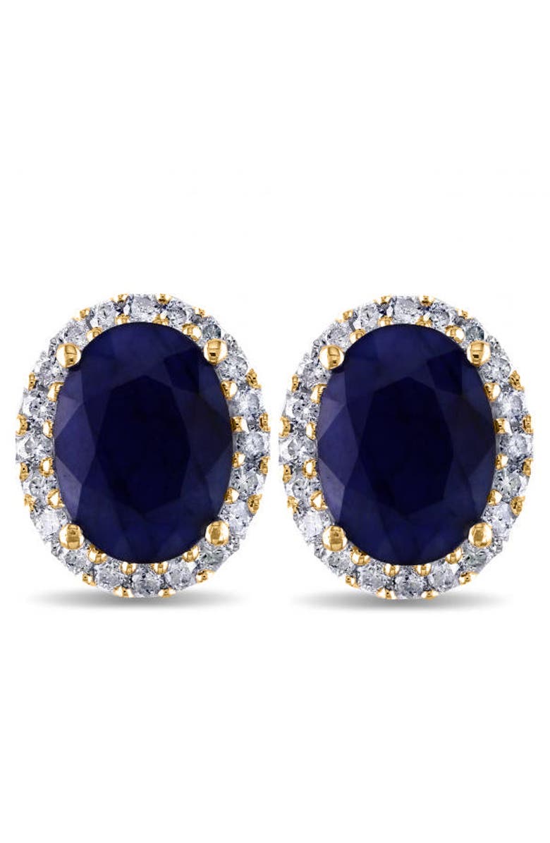 ALLUREZ Oval Blue Sapphire & Halo Diamond Stud Earrings 14k, Alternate, color, Yellow Gold