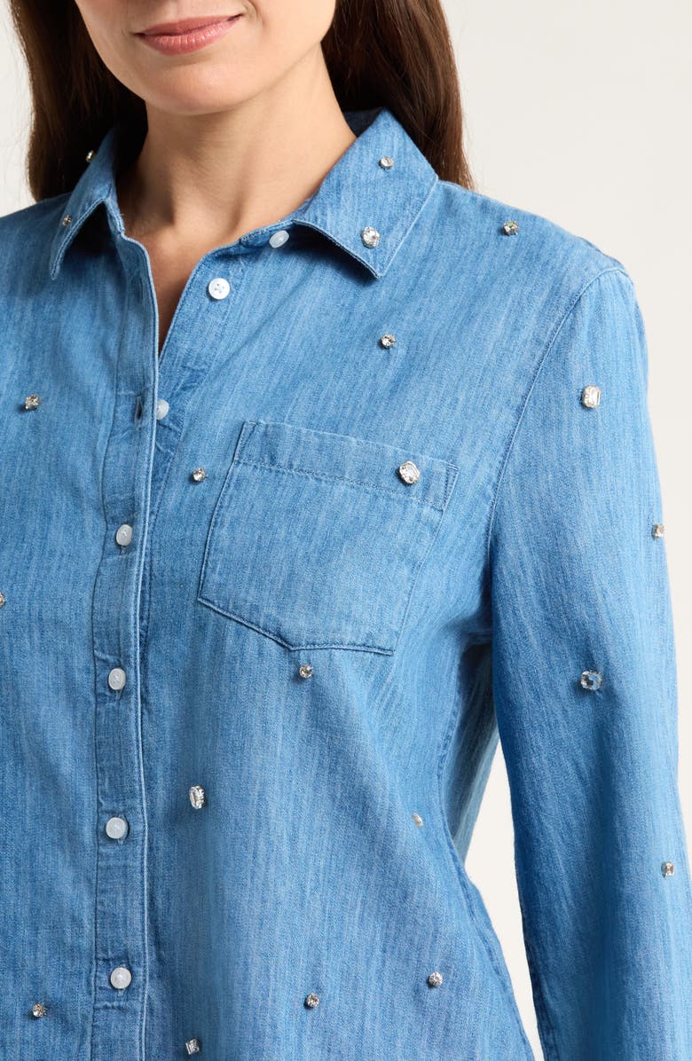 Caslon<sup>®</sup> Crystal Embellished Denim Button-Up Shirt, Alternate, color, Medium Wash