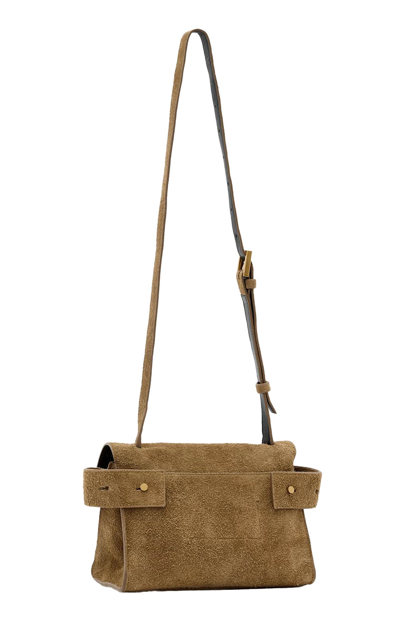 AllSaints Mini Ursa Suede Crossbody Bag, Alternate, color, Biscuit Brown