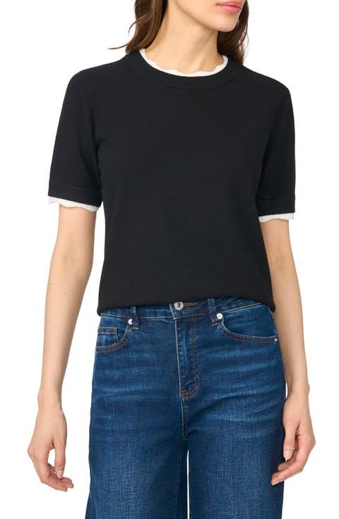 Lace Trim Short Sleeve Crewneck Sweater