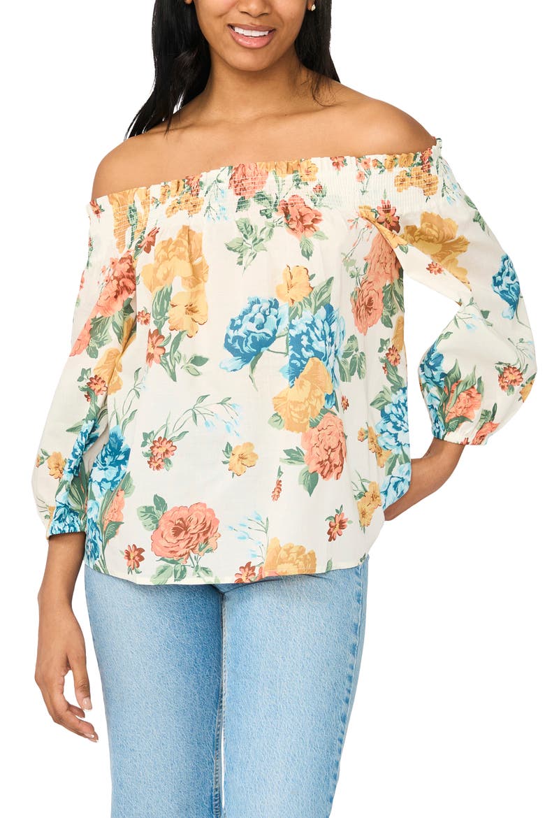 Off the Shoulder Smocked Cotton Top, Main, color, FRENCH PEACH