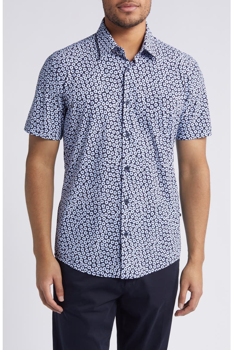 Roan Floral Short Sleeve Stretch Button-Up Shirt, Main, color, NAVY