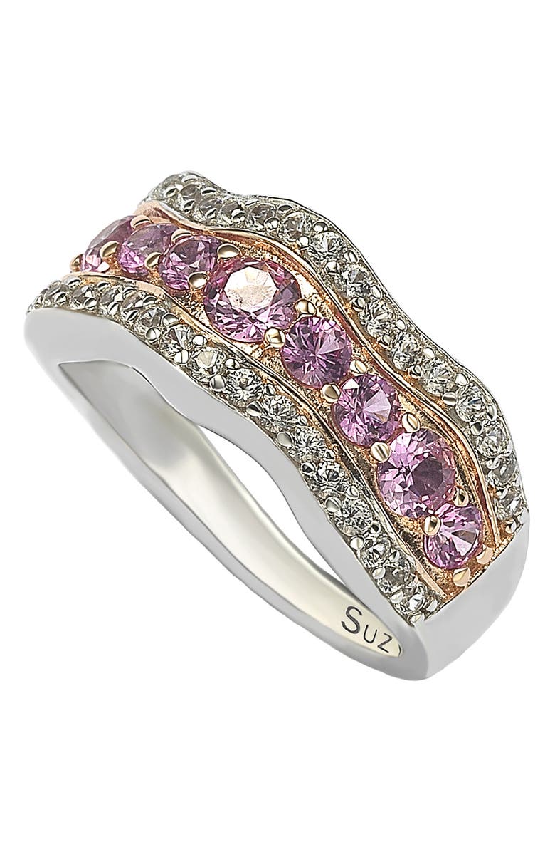 SUZY LEVIAN 18K Gold Plated Sterling Silver Pink & Created White Sapphire Diamond Accent Band Ring - 0.02 ctw, Main, color, 
