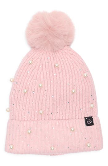 Nanette Lepore Scattered Embellished Faux Fur Pompom Beanie In Pink