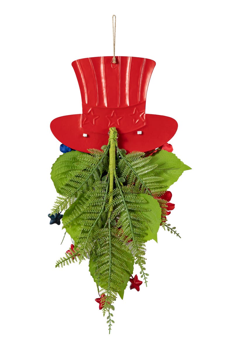 Glitzhome Patriotic Americana Metal Top Hat & Hydrangea Swag Wall Decor, Alternate, color, Blue