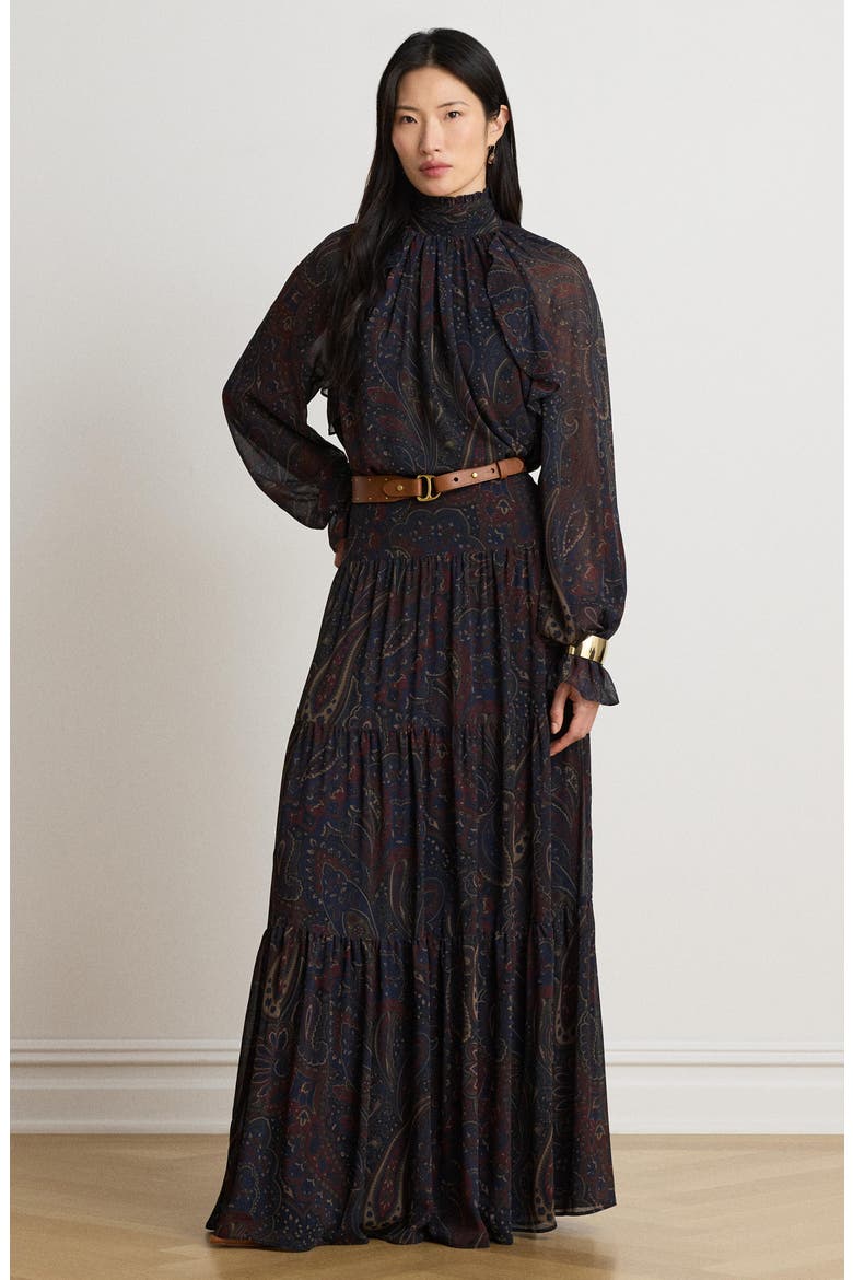 Paisley Crinkle Georgette Maxi Skirt, Alternate, color, NAVY BLUE/ MULTI