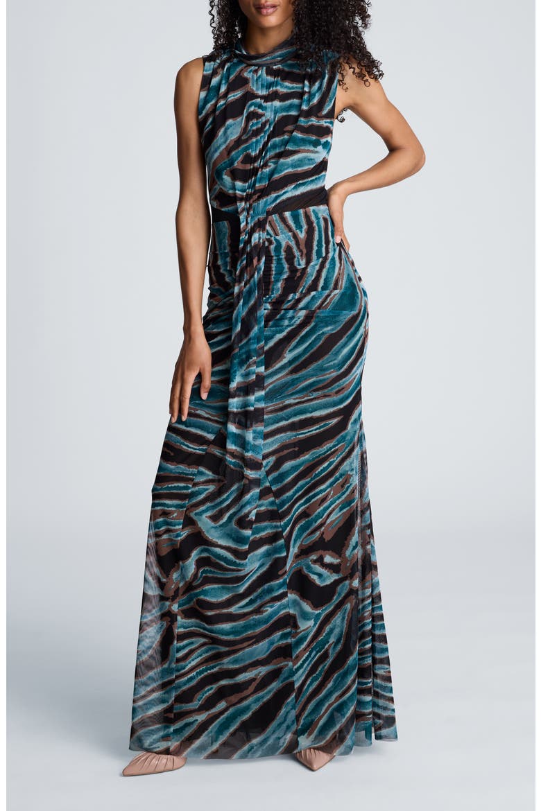 Pleated Bodice Maxi Dress, Main, color, TEAL DUSK MULTI
