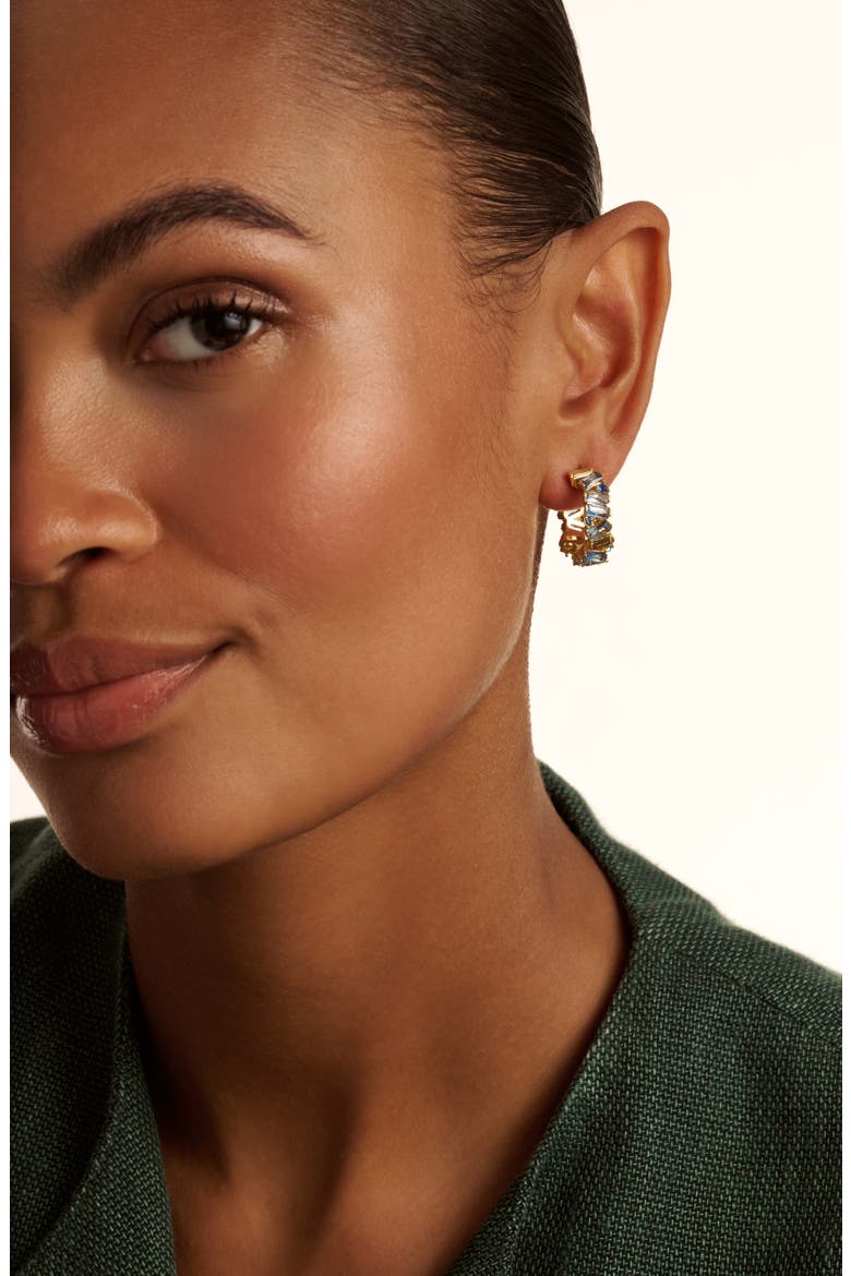 Clarence Crystal Cluster Hoop Earrings, Alternate, color, GOLD TONE BLUE MULTI CRYSTAL