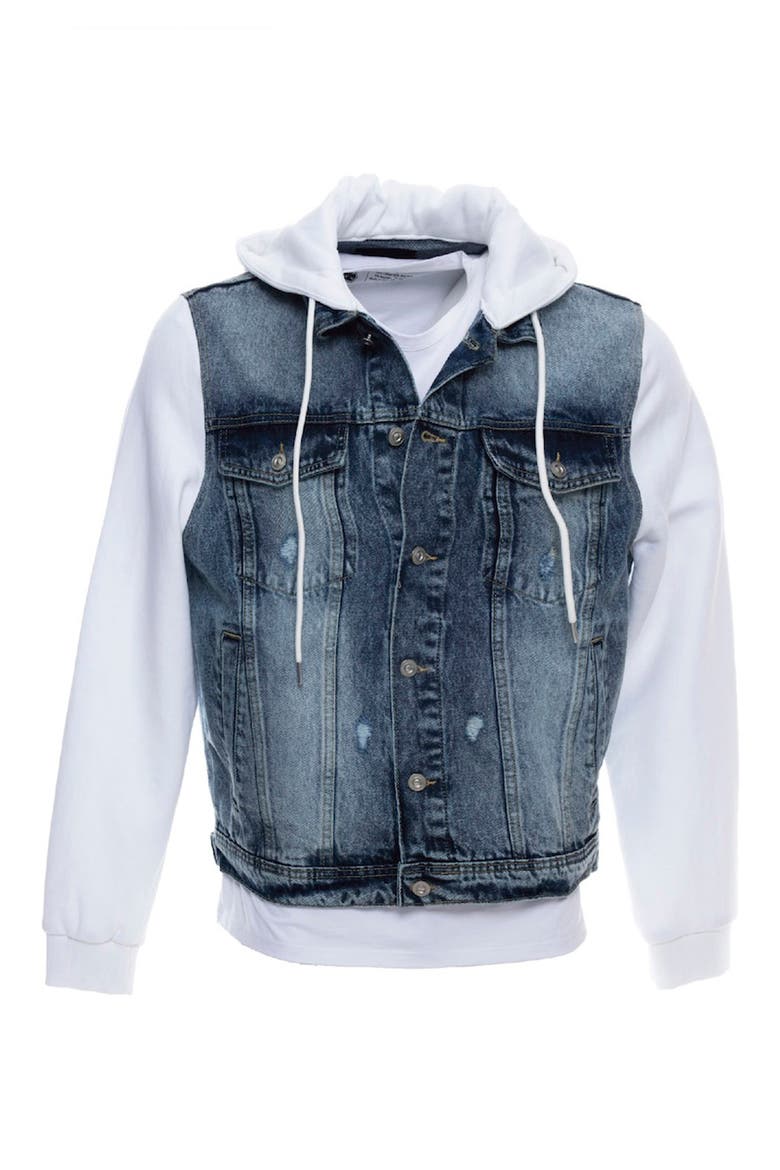 Denim Mixed Media Pullover Hoodie, Main, color, MEDIUM WASH