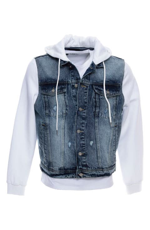 Denim Mixed Media Pullover Hoodie