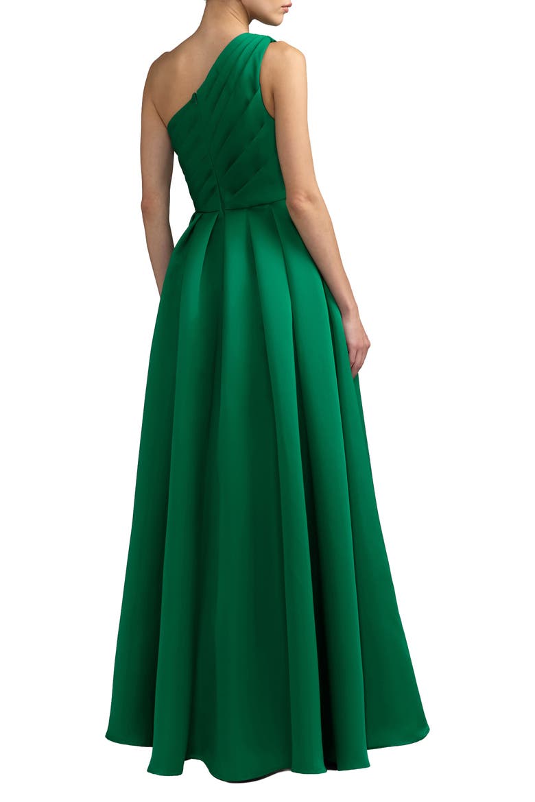 One-Shoulder Draped Satin Gown with Overskirt, Alternate, color, Emerald