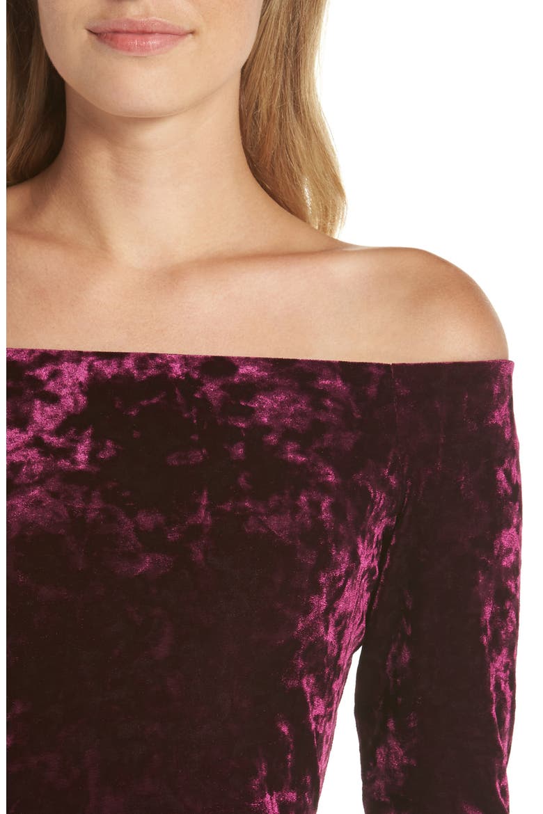 Off the Shoulder Velvet Sheath Dress, Alternate, color, PLUM