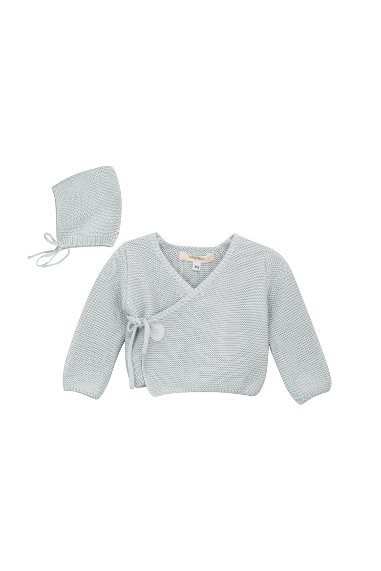 Garter Knit Wrap Cardigan Set with Bonnet, Main, color, Skylight