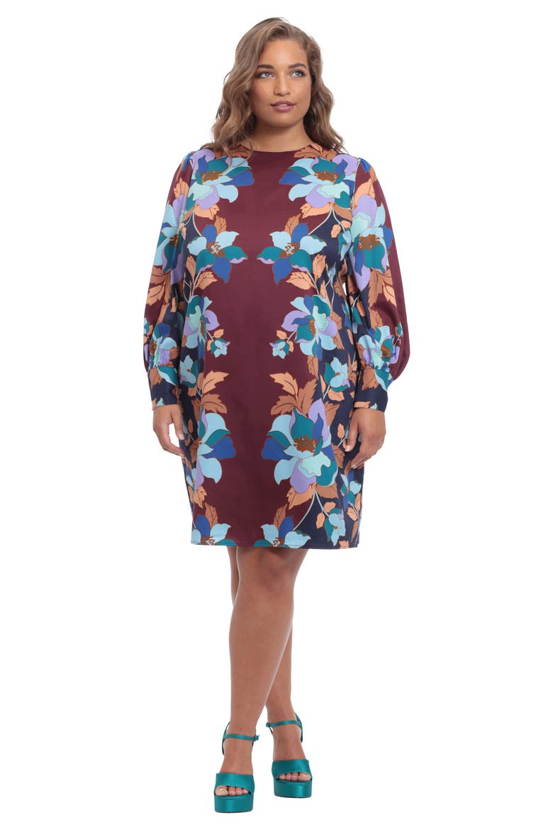 Floral Long Sleeve Sheath Dress, Alternate, color, WINE/ TEAL