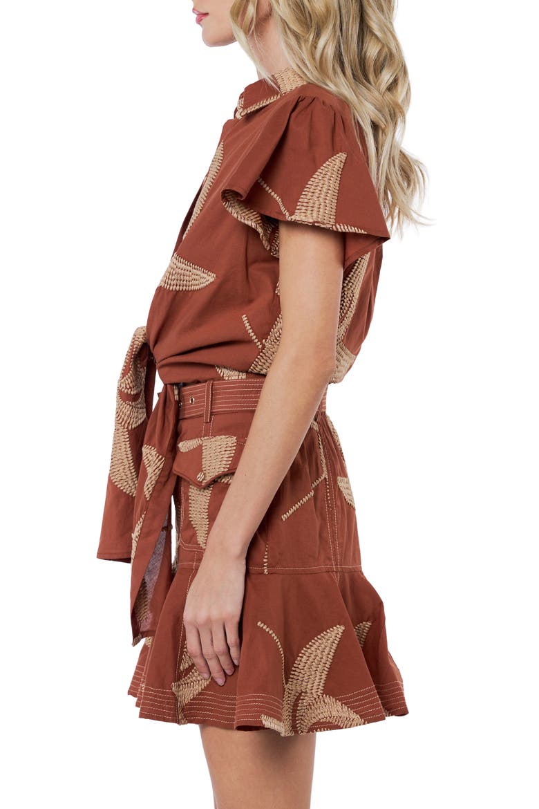 Renna Embroidered Detail Tie Front Button-Up Cotton Shirt, Alternate, color, CARAMEL