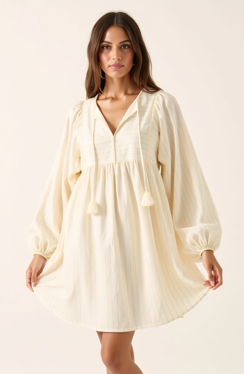 Modenaire Striped Tassel Tie Mini Dress With Balloon Sleeves In Neutral