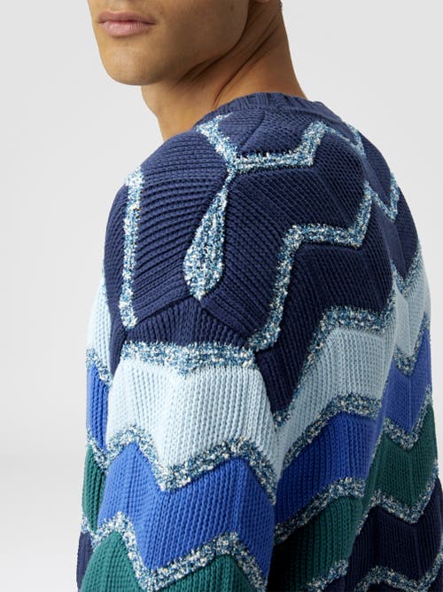 Missoni Crew-neck Pullover With Macro Zigzag And Mélange Details In Blue & Green