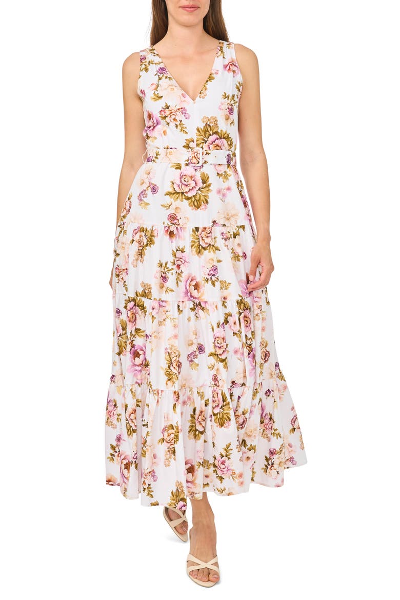 Floral Sleeveless Belted Cotton Maxi Dress, Main, color, ULTRA WHITE