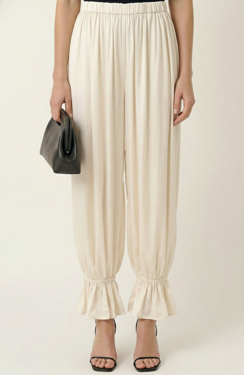 Modenaire Pleated Pull On Pants with Elastic Waist Ruffled Ankle Hem, Main, color, Off-White
