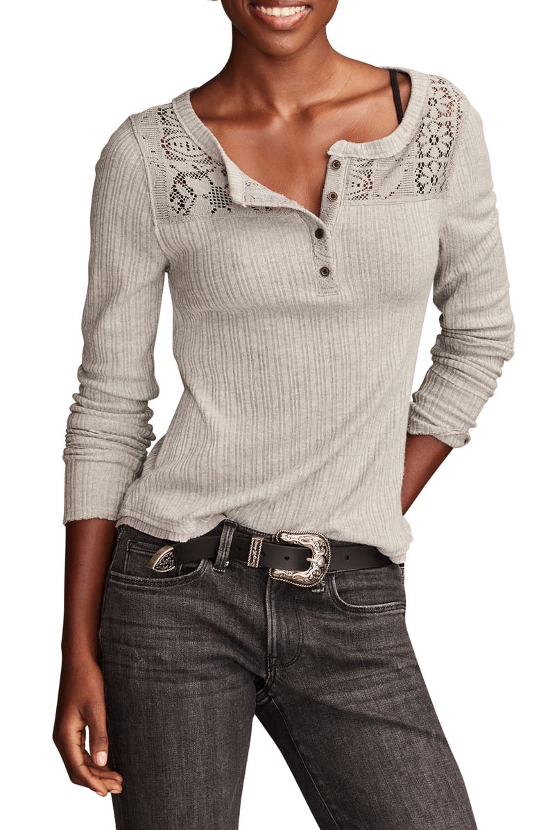 Lucky Brand Cloud Lace Rib Henley, Main, color, Medium Heather Grey