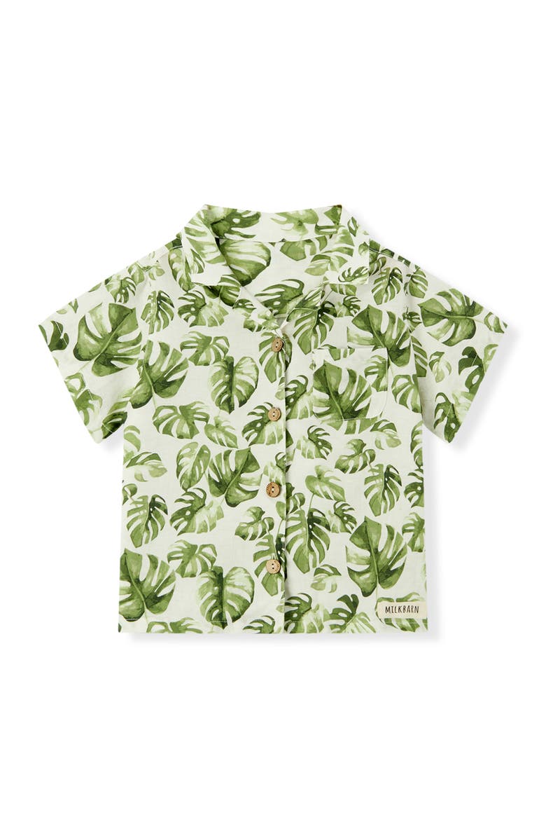 Milkbarn Linen Button-Up Shirt and Shorts Set, Alternate, color, Island Leaf