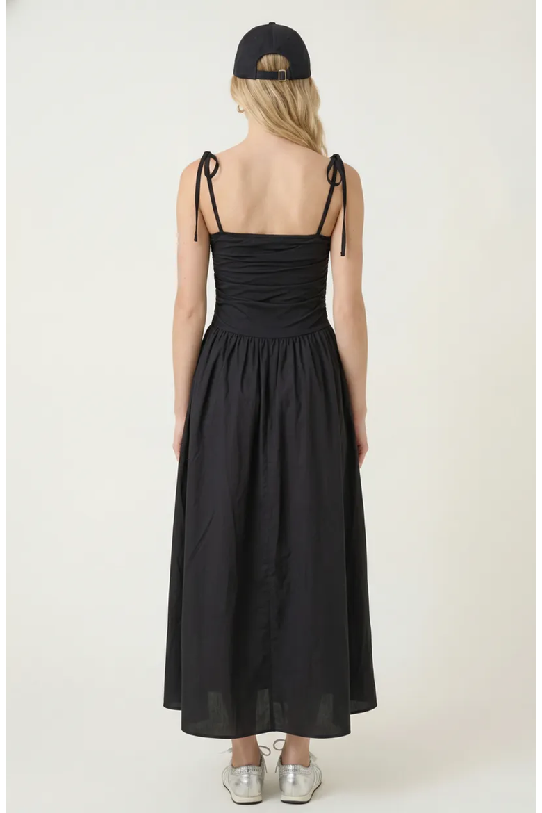Ruched Bodice Tie Strap Gathered Skirt Midi Dress, Alternate, color, Black