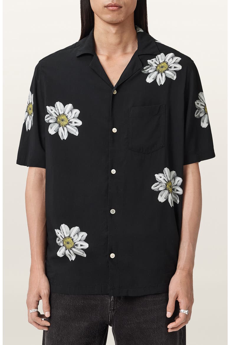 Petal Camp Shirt, Main, color, JET BLACK