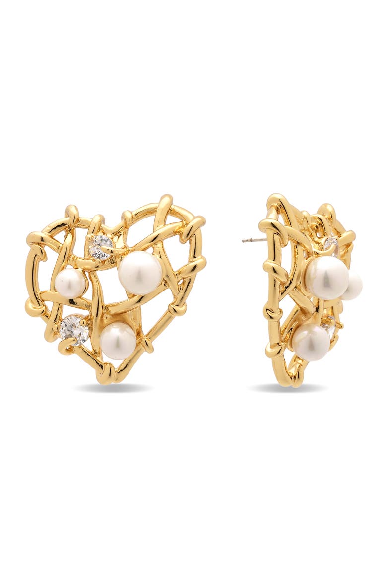 Sable Heart Faux Pearl & Cubic Zirconia Earrings, Main, color, GOLD